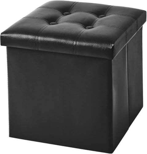 YOUDENOVA 15 inches Folding Storage Ottoman, Cube Storage Boxes Footrest Stool, Small Ottoman with Foam Padded Seat, Support 300lbs (Black, Leather)