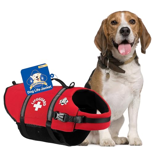 Paws Aboard Dog Life Jacket - Keep Your Canine Safe with a Neoprene Life Vest - Designer Life Jackets - Perfect for Swimming and Boating - Red, Small