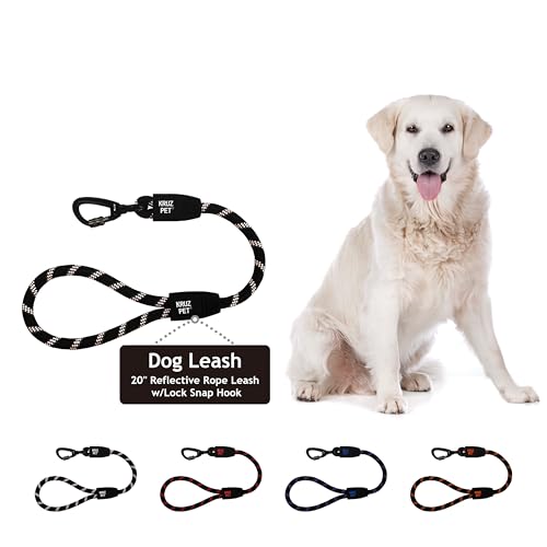 Kruz Short Traffic Leash - KZROPE5020-01L - Soft Silicone Grip - Click & Lock Snap - Heavy-Duty Reflective Dog Rope for Security, Safety and Control - Walking, Running, Training - Black - 1/2' x 20'