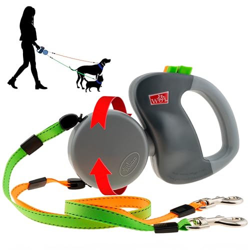 WIGZI (2) Two Dog Reflective Retractable Pet Leash – 360 Degree Zero Tangle Patent - Two Dogs Each up to 50 lbs and 10ft. Reflective Orange and Green Leads. Dual Locking