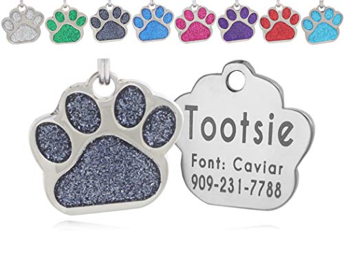 io tags Pet ID Tags, Personalized Dog Tags and Cat Tags, Custom Engraved, Easy to Read, Cute Glitter Paw Pet Tag (Glitter Black)