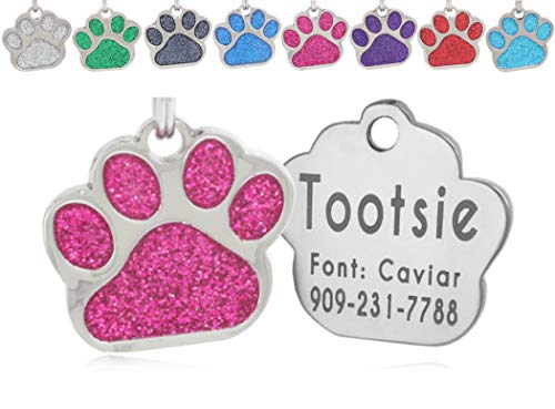 io tags Pet ID Tags, Personalized Dog and Cat Tags, Custom Engraved, Easy to Read, Cute Glitter Paw Tag (Pink)