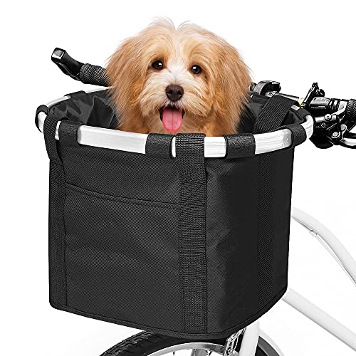 ANZOME Bike Basket, Removable & Folding Small Pet Carrier for Casual Riders, Easy Install Detachable Front Handlebar Basket for Beach Cruisers and Mountain Bikes, Quick Release Cycling Bag for Picnic and Shopping