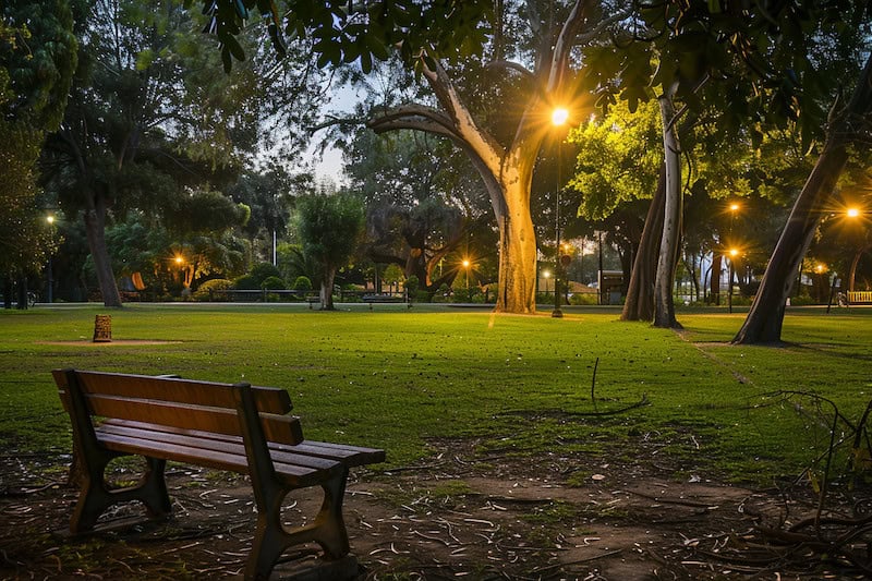 well lit park at night